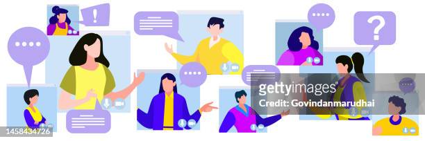 stockillustraties, clipart, cartoons en iconen met online remote video conference call. business communication via internet concept. virtual distant work of people, colleagues team. - remote location