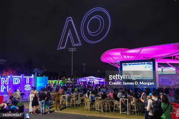 Drone swarm consisting of 500 drones creates the AO logo in the sky above Garden Square during day seven of the 2023 Australian Open at Melbourne...