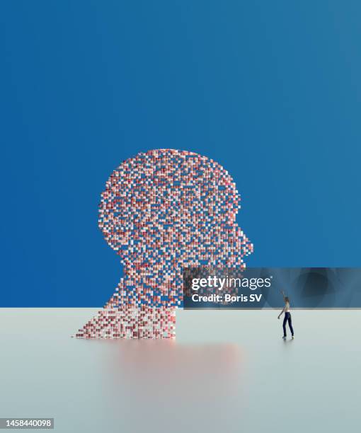 pixelated human head as artificial intelligence - abstract digital human face stock pictures, royalty-free photos & images