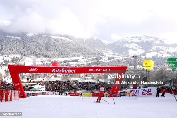 Luca Aerni of Switzerland competes during the 1st run of the Men's Slalom of the Audi FIS Alpine Ski World Cup at Gansler Alm on January 22, 2023 in...