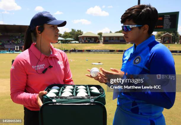 Third Umpire Kerrin Klaaste and Shafali Verma of India speak ahead of the ICC Women's U19 T20 World Cup 2023 Super 6 match between India and Sri...