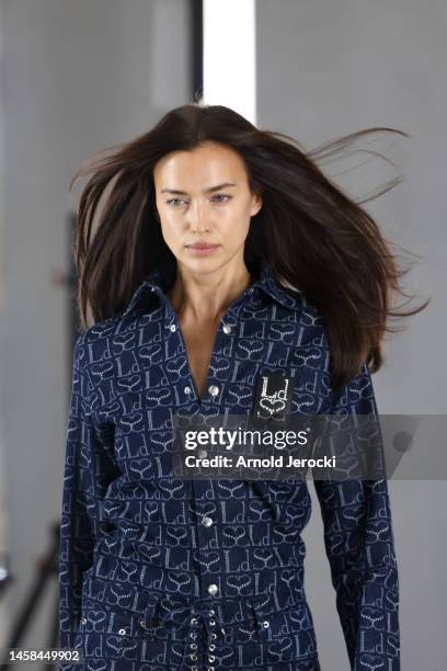 Irina Shayk walks the runway during the Ludovic de Saint Sernin Menswear Fall-Winter 2023-2024 show as part of Paris Fashion Week on January 22, 2023...