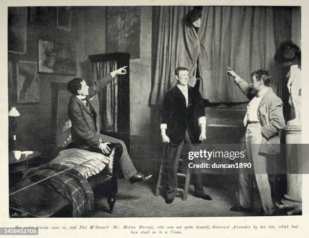 photograph of actors performing in a victorian play, a bit of old chelsea, court theatre, 1897, 19th century - actress stock illustrations