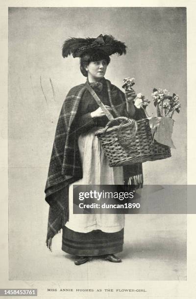 annie hughes, english stage actress, as the flower girl from victorian play, a bit of old chelsea, court theatre, 1897, 19th century - acting stock illustrations