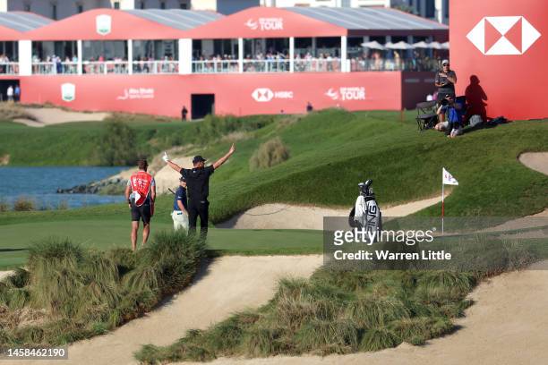 Victor Perez of France celebrates on the 17th green during day four of the Abu Dhabi HSBC Championship at Yas Links Golf Course on January 22, 2023...