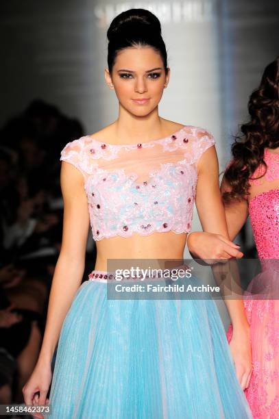 Kendall Jenner on the runway at Evening Sherri Hill's spring 2013 show at Trump Tower.