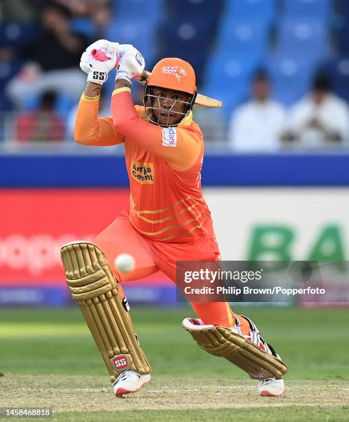 Shimron Hetmyer of Gulf Giants hits a four during the DP World ILT20 match between Desert Vipers and Gulf Giants at Dubai International Stadium on...