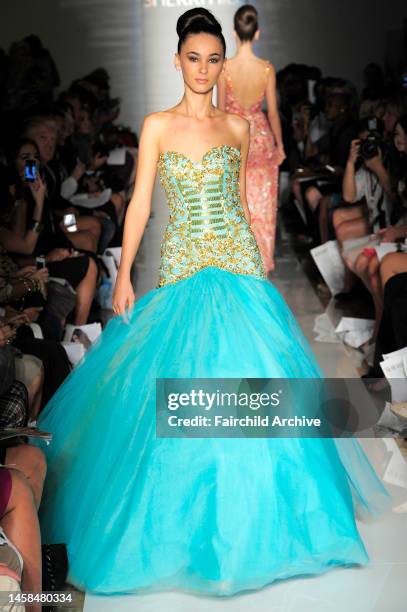 Model on the runway at Evening Sherri Hill's spring 2013 show at Trump Tower.