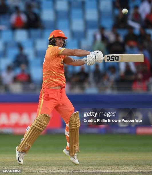 Chris Lynn of Gulf Giants hits out during the DP World ILT20 match between Desert Vipers and Gulf Giants at Dubai International Stadium on January...