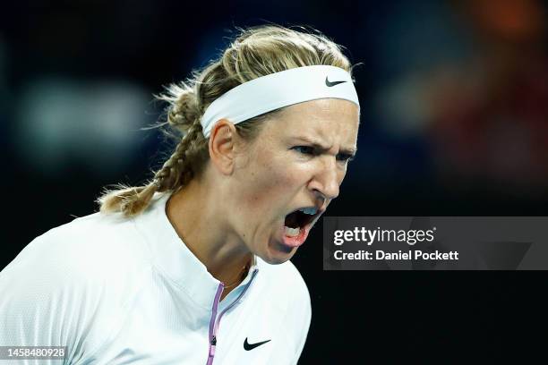 Victoria Azarenka of Belarus celebrates after winning a point in the fourth round singles match against Lin Zhu of China during day seven of the 2023...