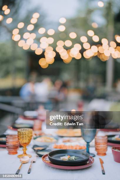 asian fusion food outdoor dining dinner table place setting - trädgårdsfest bildbanksfoton och bilder