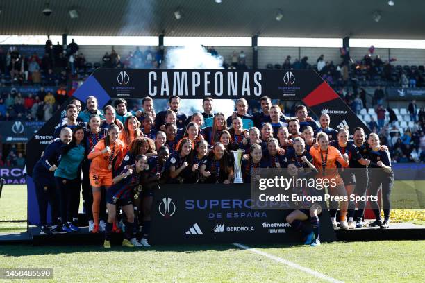 Players of FC Barcelona celebrate the victory with the winners trophy during the Spanish Women Supercup, Final, football match played between Real...