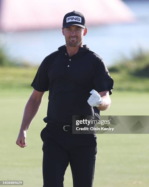 Victor Perez of France celebrates after a birdie on the seventeenth hole during the final round of the Abu Dhabi HSBC Championship at Yas Links Golf...