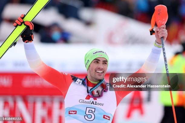 Daniel Yule of Switzerland celebrates winning the 1st place of the Men's Slalom of the Audi FIS Alpine Ski World Cup at Gansler Alm on January 22,...