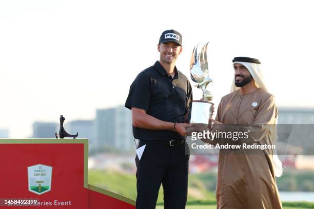 Victor Perez of France is presented with the trophy by His Highness Sheikh Nahyan Bin Zayed Al Nahyan, Chairman of Abu Dhabi Sports Council after...