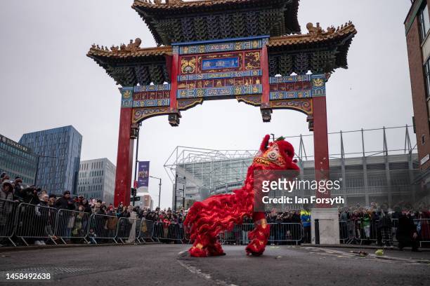 The traditional Lion Dance is performed during Chinese New Year celebrations to mark The Year of the Rabbit on January 22, 2023 in Newcastle upon...