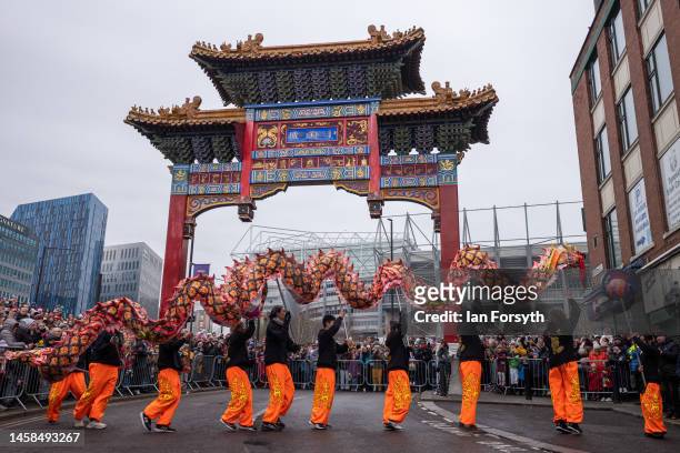 The traditional Dragon Dance is performed during Chinese New Year celebrations to mark The Year of the Rabbit on January 22, 2023 in Newcastle upon...
