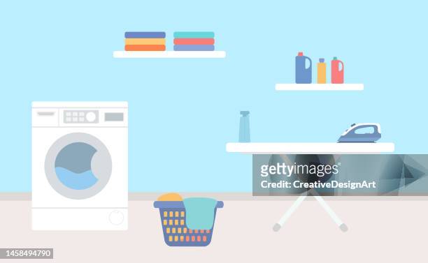 waschküche mit waschmaschine, bügelbrett, wäschekorb und waschmitteln - wäsche stock-grafiken, -clipart, -cartoons und -symbole