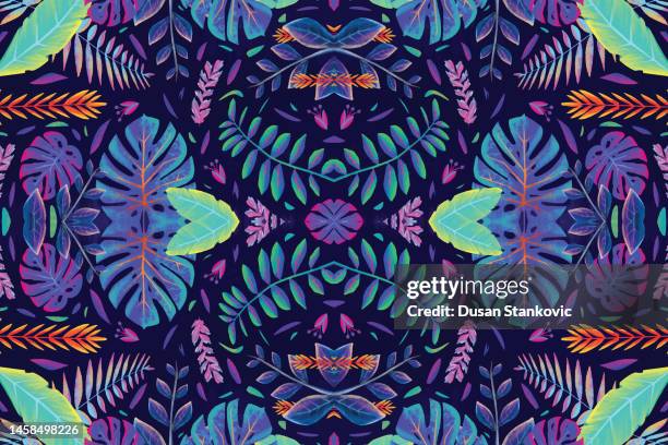 tropical flowers with fluorescent light - mandala stock illustrations