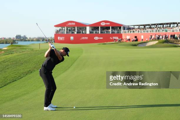 Victor Perez of France plays his fourth shot on the eighteenth hole during the final round of the Abu Dhabi HSBC Championship at Yas Links Golf...