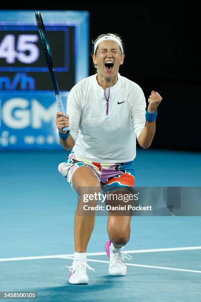 Victoria Azarenka of Belarus celebrates winning match point in the fourth round singles match against Lin Zhu of China during day seven of the 2023...