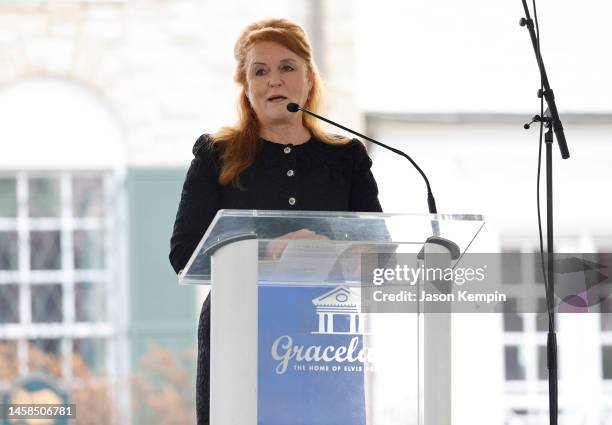 Sarah Ferguson, Duchess of York, speaks at the public memorial for Lisa Marie Presley on January 22, 2023 in Memphis, Tennessee. Presley the only...