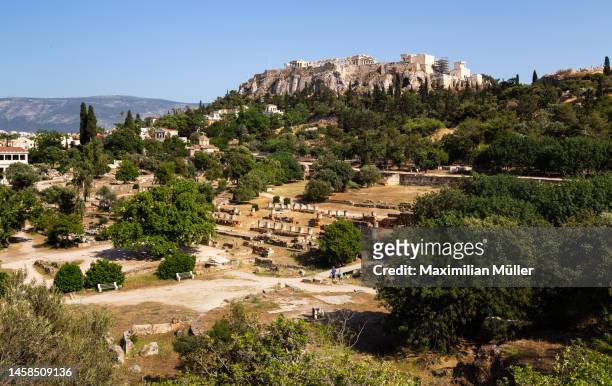 acropolis seen from the ancient agora, athens, greece - agora stock pictures, royalty-free photos & images