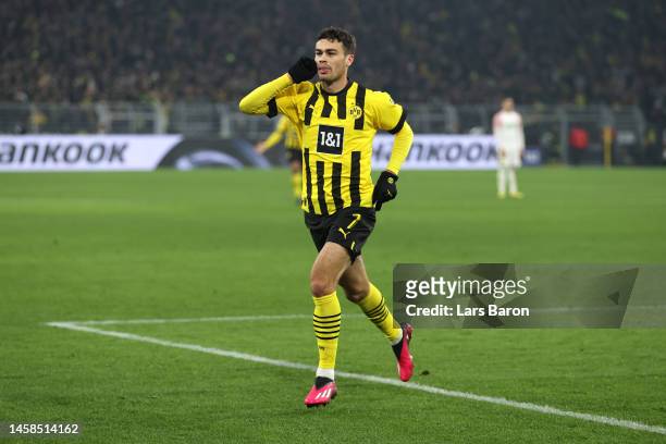 Giovanni Reyna of Borussia Dortmund celebrates after scoring the team's fourth goal during the Bundesliga match between Borussia Dortmund and FC...