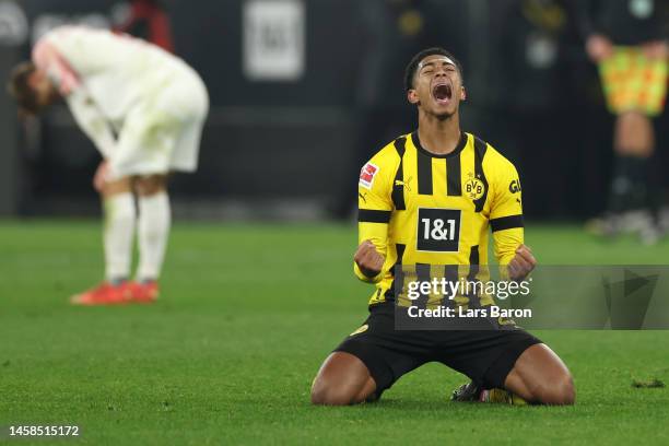 Jude Bellingham of Borussia Dortmund celebrates victory after the Bundesliga match between Borussia Dortmund and FC Augsburg at Signal Iduna Park on...