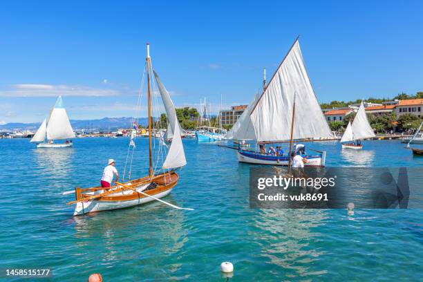 classic sail boat regatta - wooden boat stock pictures, royalty-free photos & images