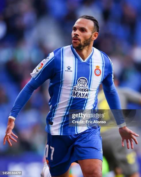 Martin Braithwaite of RCD Espanyol celebrates scoring his side's first goal during the LaLiga Santander match between RCD Espanyol and Real Betis at...