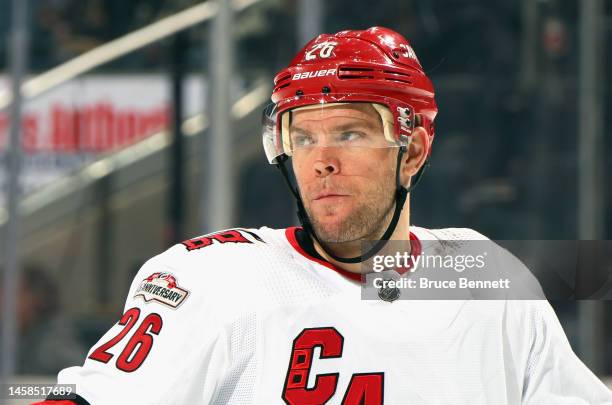 Paul Stastny of the Carolina Hurricanes skates against the New York Islanders at UBS Arena on January 21, 2023 in Elmont, New York.