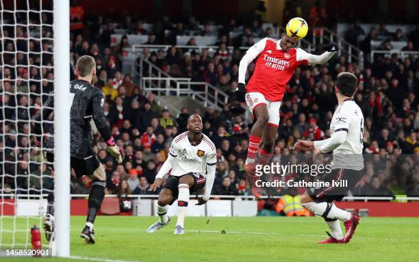 Eddie Nketiah of Arsenal scores the team's first goal during the Premier League match between Arsenal FC and Manchester United at Emirates Stadium on...