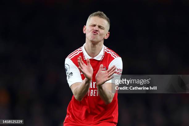 Oleksandr Zinchenko of Arsenal reacts after a missed chance during the Premier League match between Arsenal FC and Manchester United at Emirates...