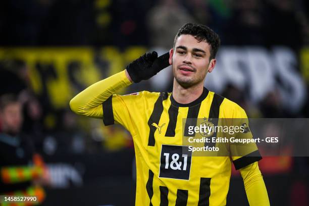 Giovanni Reyna of Dortmund celebrates after scoring his team's fourth goal during the Bundesliga match between Borussia Dortmund and FC Augsburg at...
