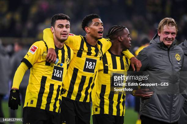 Giovanni Reyna, Jude Bellingham, Jamie Bynoe-Gittens and Julian Brandt of Dortmund celebrating victory after the Bundesliga match between Borussia...