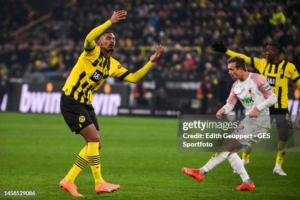 Sebastien Haller of Dortmund looks dejected during the Bundesliga match between Borussia Dortmund and FC Augsburg at Signal Iduna Park on January 22,...