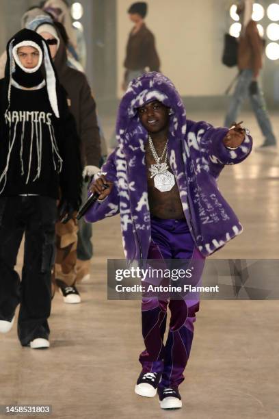 Kodak Black walks the runway during the Nahmias Menswear Fall-Winter 2023-2024 show as part of Paris Fashion Week on January 22, 2023 in Paris,...