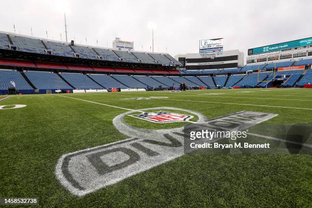 Detailed view of the NFL shield and divisional logo is seen on the field prior to the AFC Divisional Playoff game between the Cincinnati Bengals and...