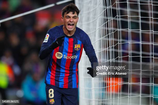 Pedro 'Pedri' Gonzalez of FC Barcelona celebrates scoring his side's first goal during the LaLiga Santander match between FC Barcelona and Getafe CF...