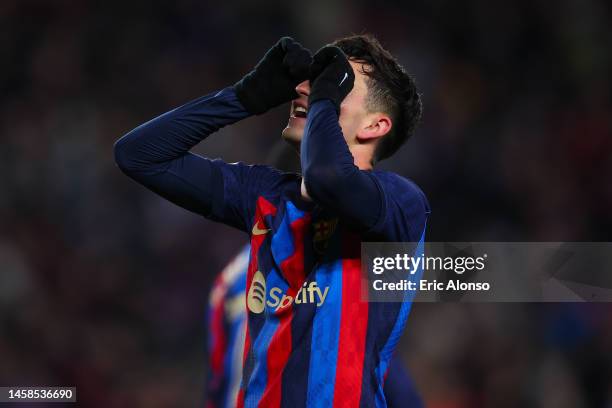 Pedro 'Pedri' Gonzalez of FC Barcelona celebrates scoring his side's first goal during the LaLiga Santander match between FC Barcelona and Getafe CF...