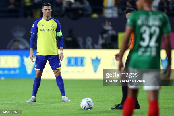 Cristiano Ronaldo of Al Nassr looks on before taking a free kick during the Saudi Pro League match between Al Nassr and Al-Ittifaq Club at Mrsool...