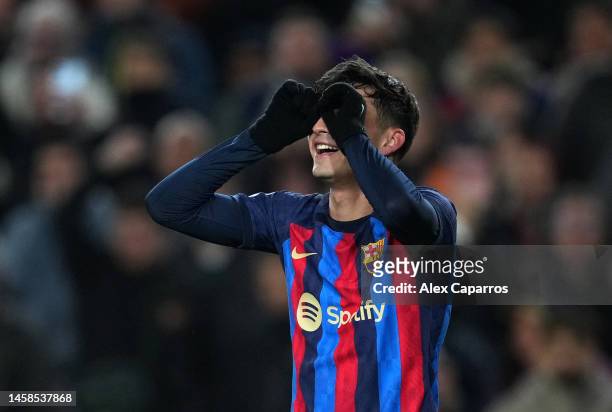 Pedri of FC Barcelona celebrates after scoring the team's first goal during the LaLiga Santander match between FC Barcelona and Getafe CF at Spotify...