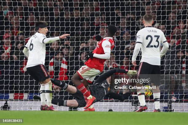 Eddie Nketiah of Arsenal scores the team's third goal during the Premier League match between Arsenal FC and Manchester United at Emirates Stadium on...