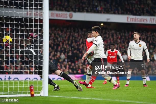 Eddie Nketiah of Arsenal scores the team's third goal during the Premier League match between Arsenal FC and Manchester United at Emirates Stadium on...
