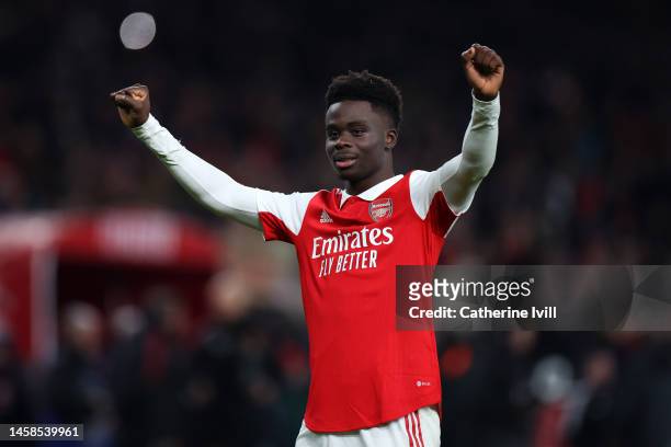Bukayo Saka of Arsenal celebrates after the team's victory during the Premier League match between Arsenal FC and Manchester United at Emirates...