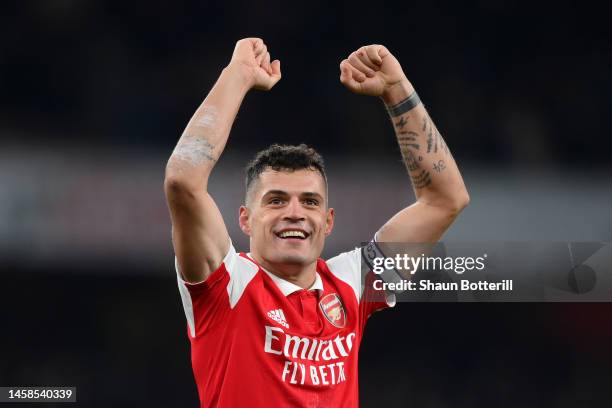 Granit Xhaka of Arsenal celebrates after the team's victory during the Premier League match between Arsenal FC and Manchester United at Emirates...