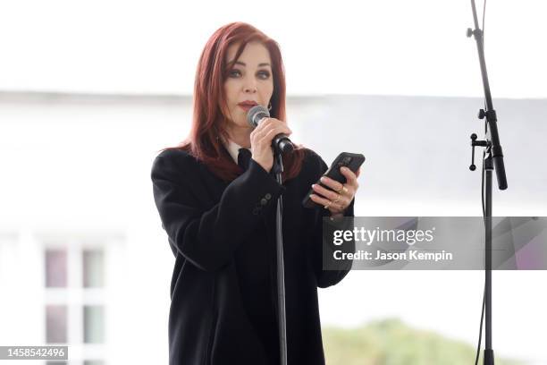 Priscilla Presley speaks at the public memorial for Lisa Marie Presley at Graceland on January 22, 2023 in Memphis, Tennessee. Presley the only child...