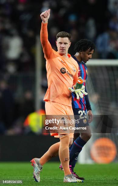 Marc-Andre ter Stegen and Jules Kounde of FC Barcelona celebrate after the team's victory during the LaLiga Santander match between FC Barcelona and...
