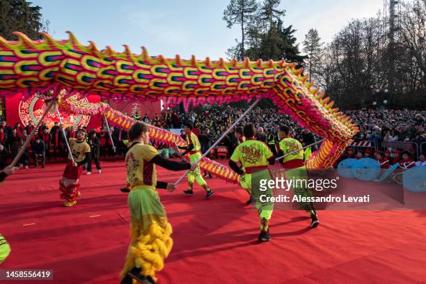 Performers during the Chinese New Year celebrations on January 22, 2023 in Milan, Italy.